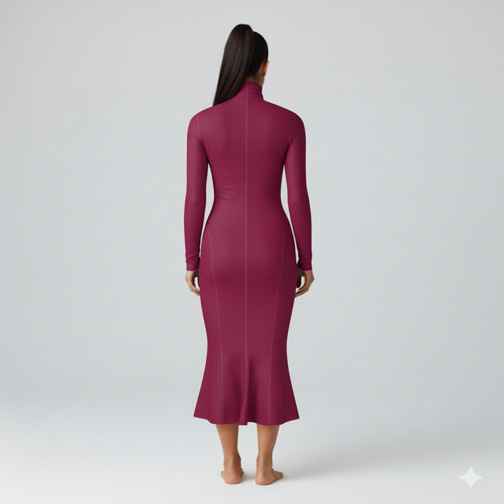 Turtleneck Body Con Dress in Mulberry Jersey