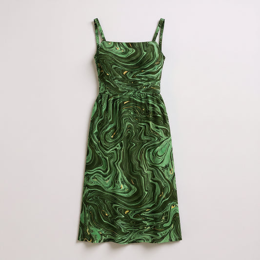 Knit Slip Dress in Marble Green Cotton-Spandex Jersey