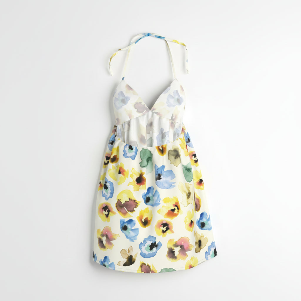 Halter Babydoll Dress in Watercolor Floral Cotton Poplin
