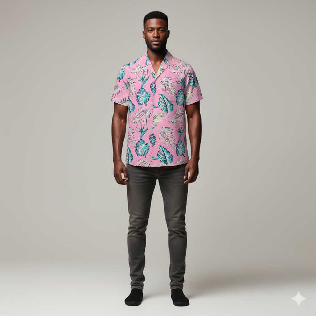 Pink Tropical Leaf Camp Collar/Bowling Shirt – Organic Cotton Twill