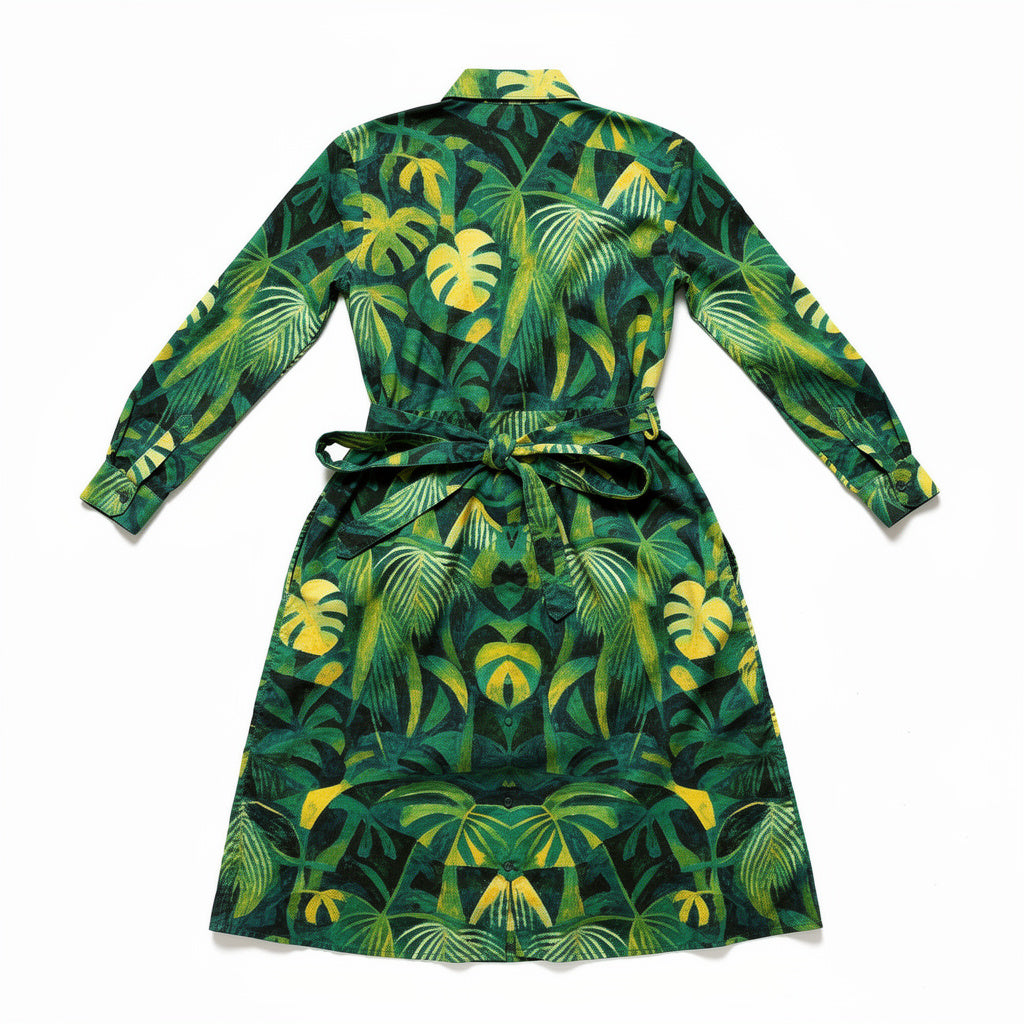 Button Front Shirt Dress Green Leaves