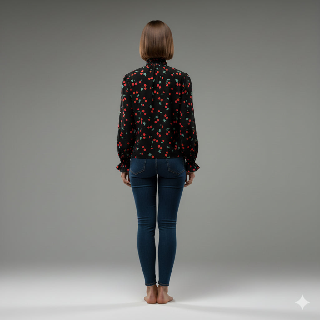 Women's Cherry Print Tied Neck Blouse
