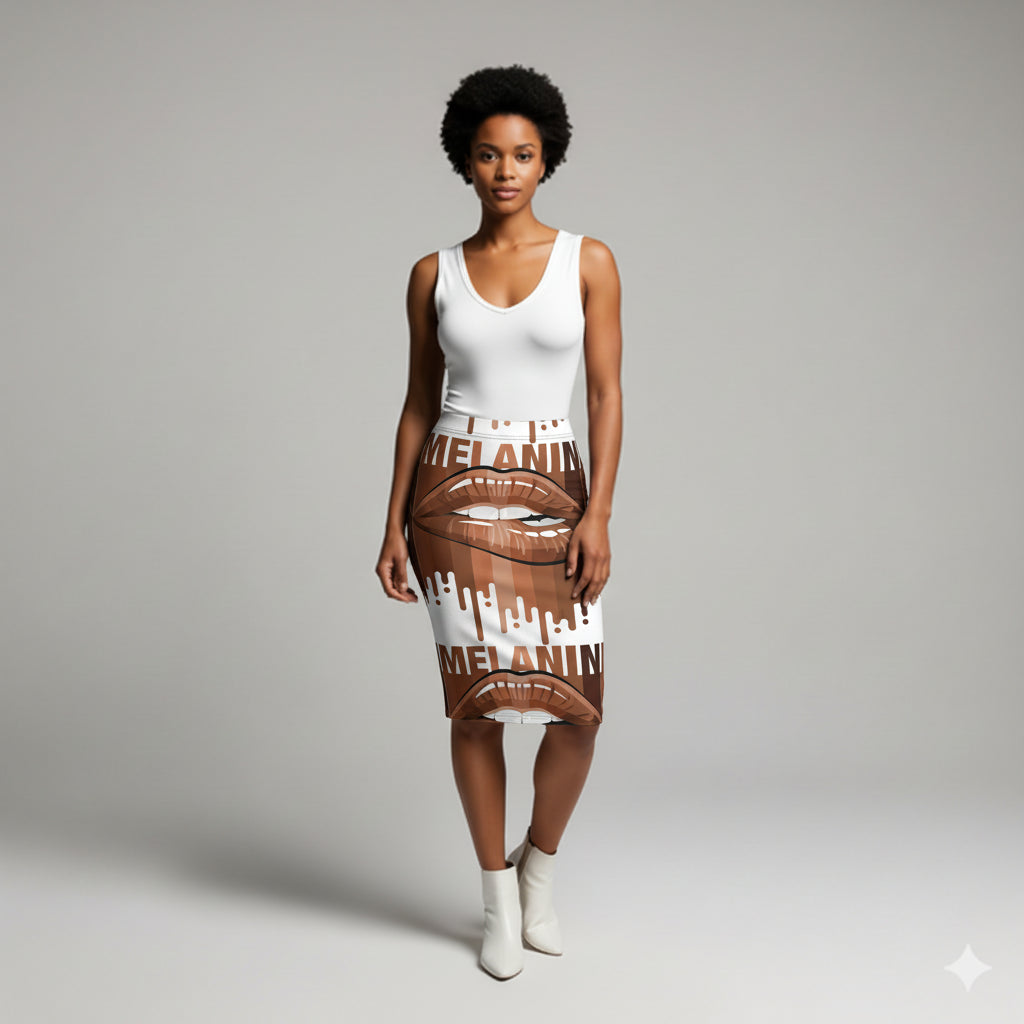 Body Con Short Knit Skirt in MELANIN Lip Art Jersey