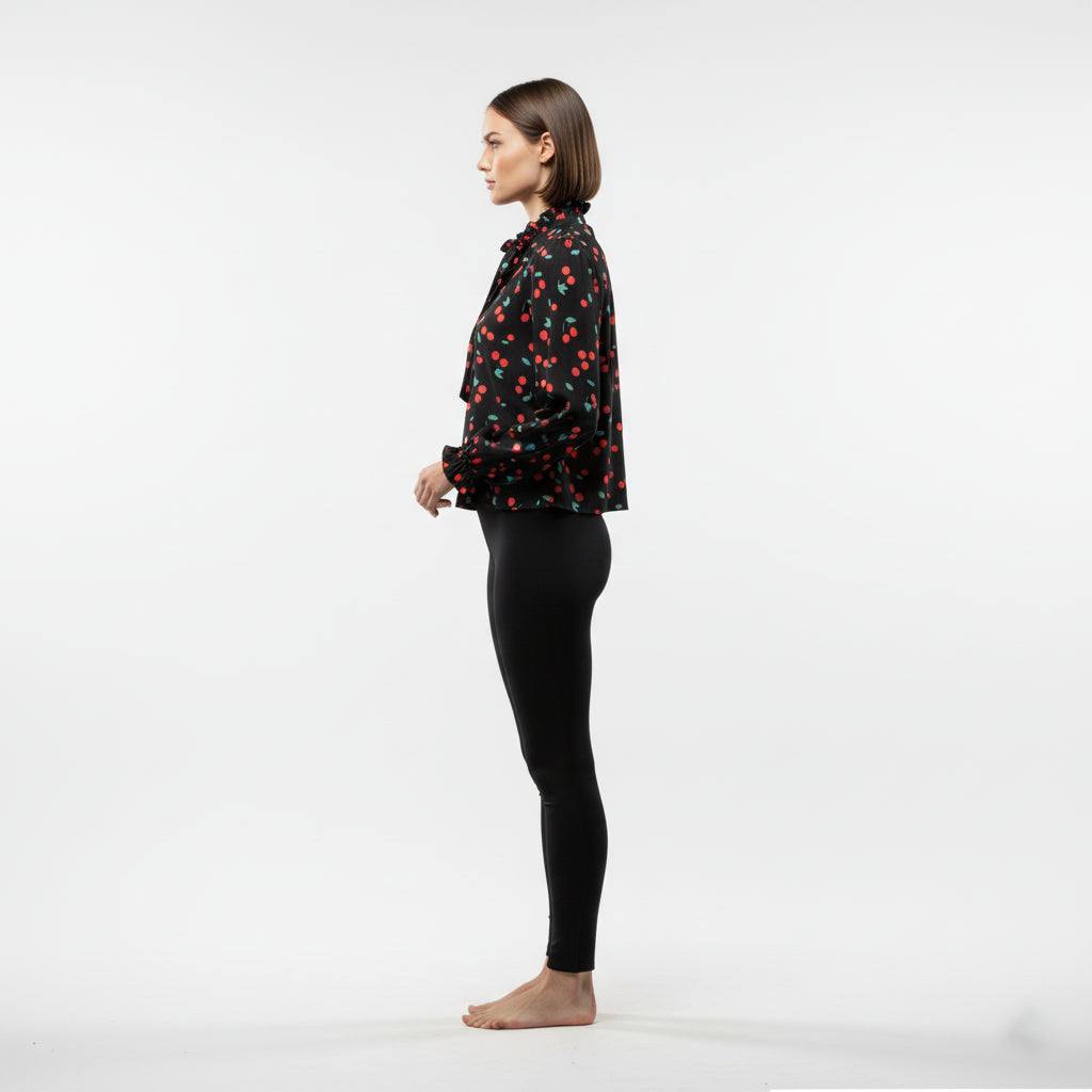 Women's Cherry Print Tied Neck Blouse