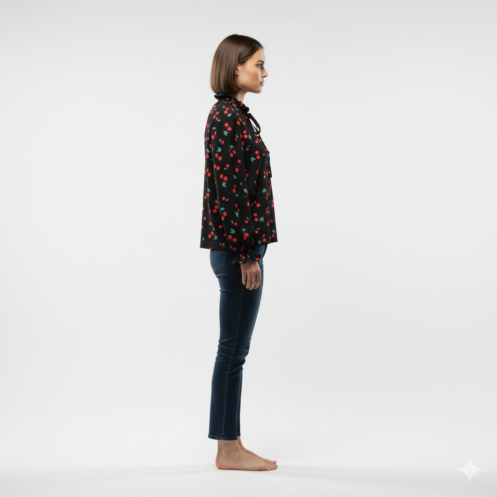 Women's Cherry Print Tied Neck Blouse