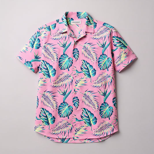 Pink Tropical Leaf Camp Collar/Bowling Shirt β Organic Cotton Twill