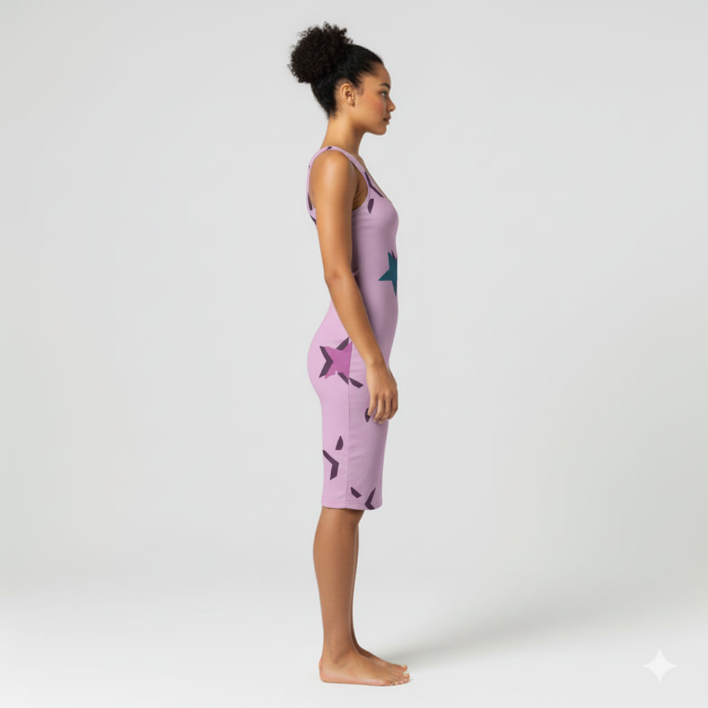 Body Con Tank Dress – Starburst Print in Lilac Cotton-Spandex Jersey