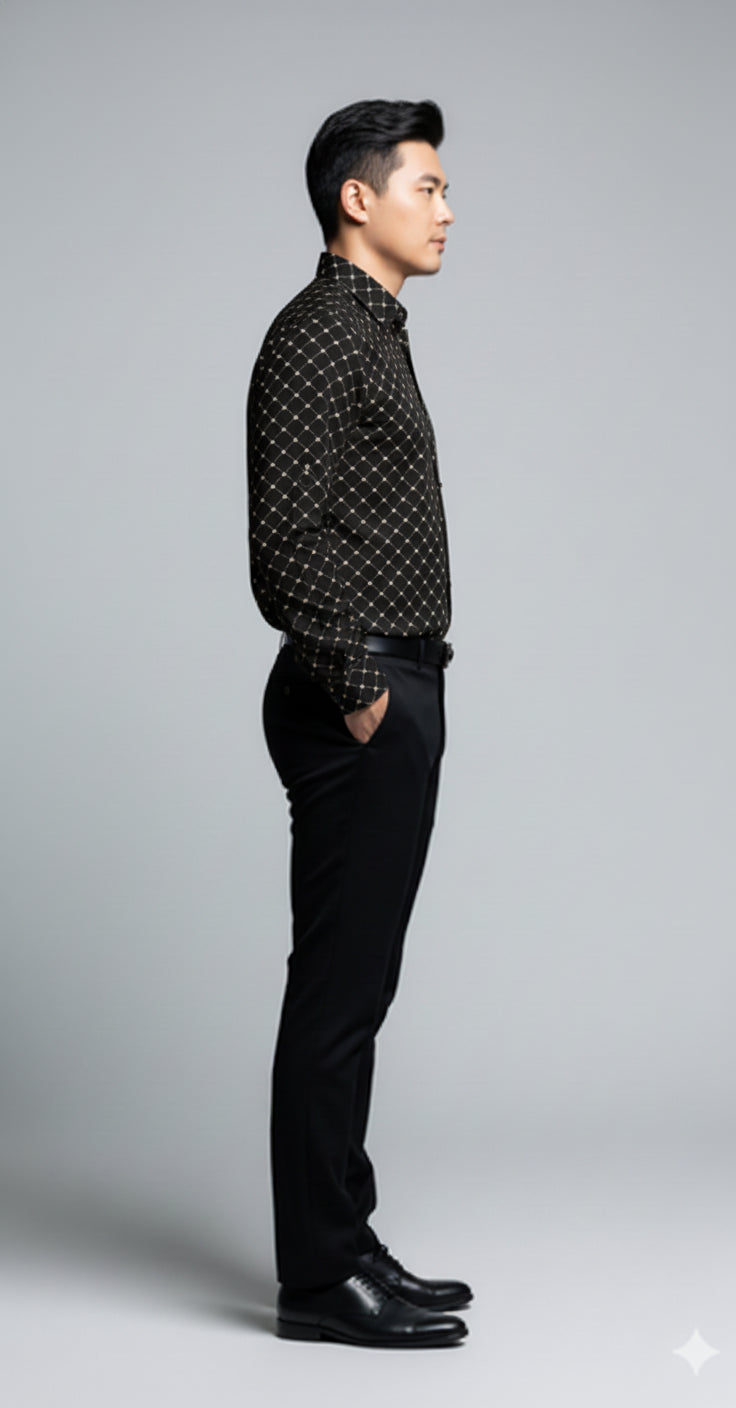 Crown and Lines Silver on Black Structured Linen Dress Shirt with Franklin Spread Collar