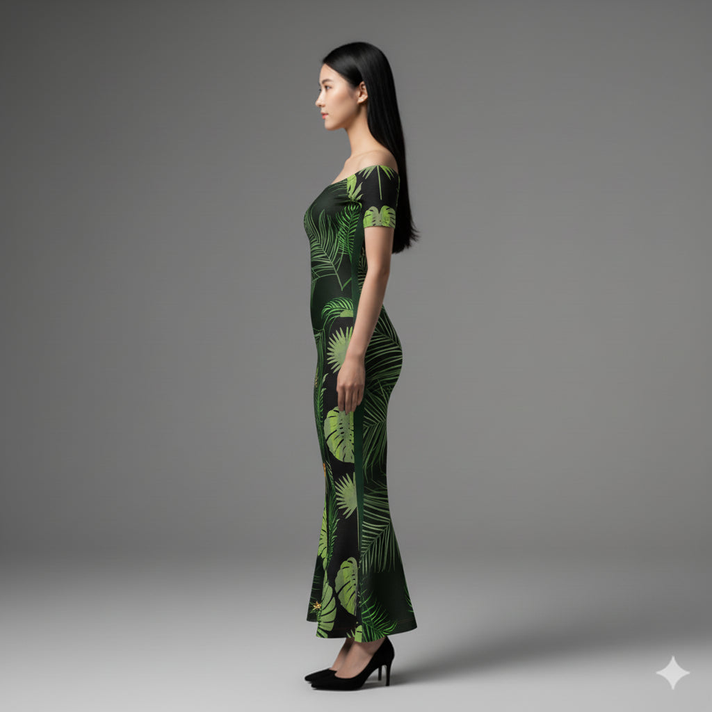 Off-Shoulder Jersey Dress with Side Contour Panels