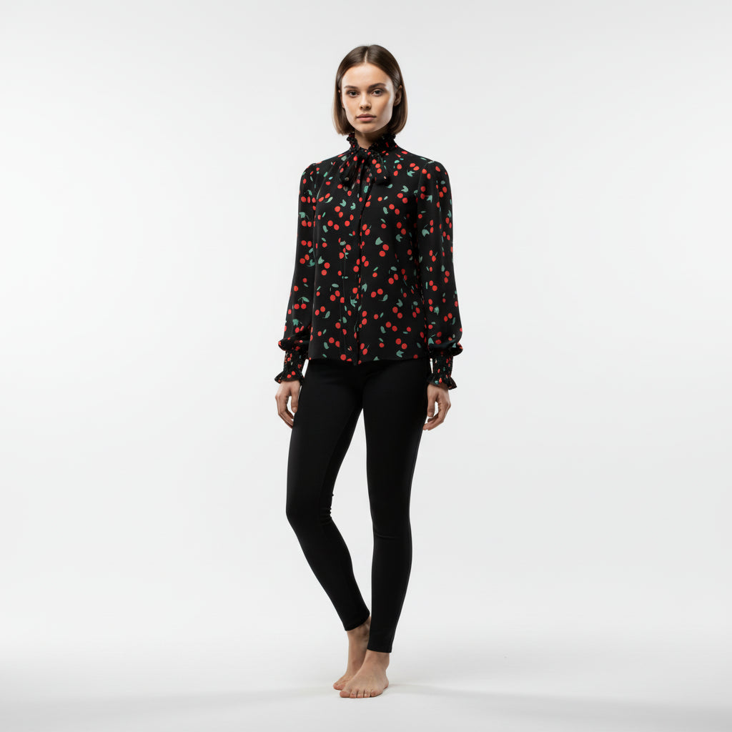 Women's Cherry Print Tied Neck Blouse