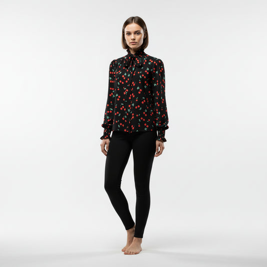 Women's Cherry Print Tied Neck Blouse
