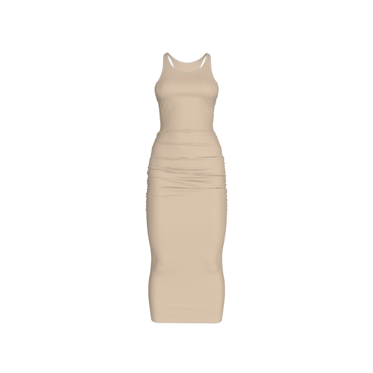 Racerback Shirred Tank Dress in Cotton-Spandex Jersey