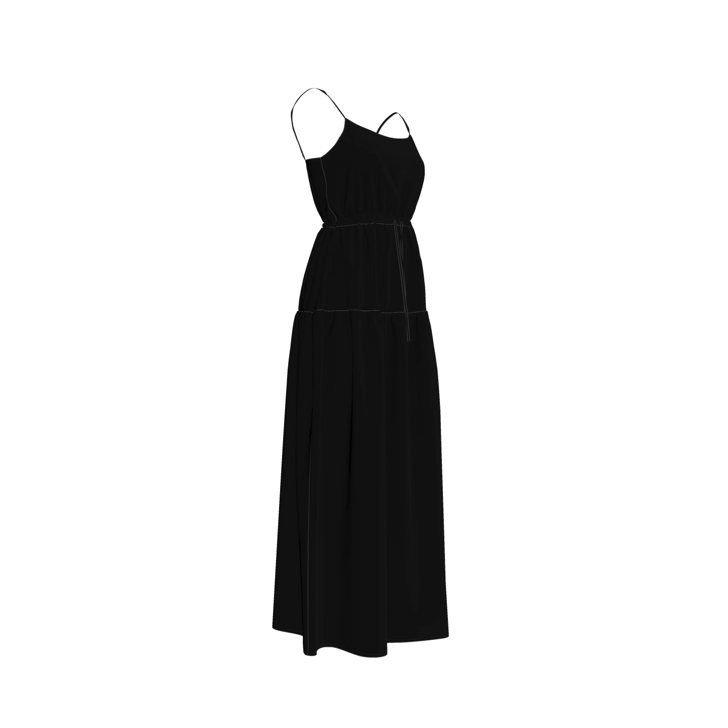 Maxi Dress with Waist Tie in Pure Black Pima Cotton Poplin