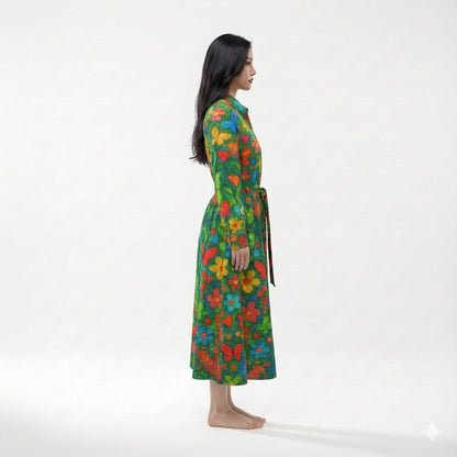 Button Front Shirt Dress Butterfly Flowers