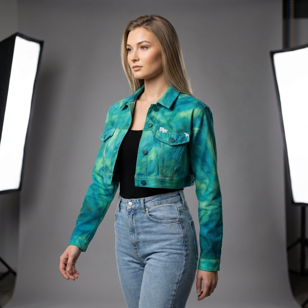 Cropped Jean Cotton Jacket Turquoise Watercolors