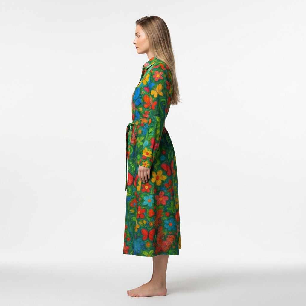 Button Front Shirt Dress Butterfly Flowers