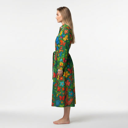Button Front Shirt Dress Butterfly Flowers