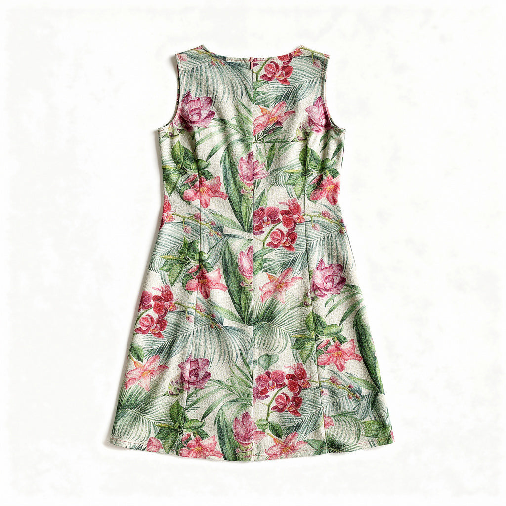 V-Neck A-Line Linen Dress – White Tropical Floral