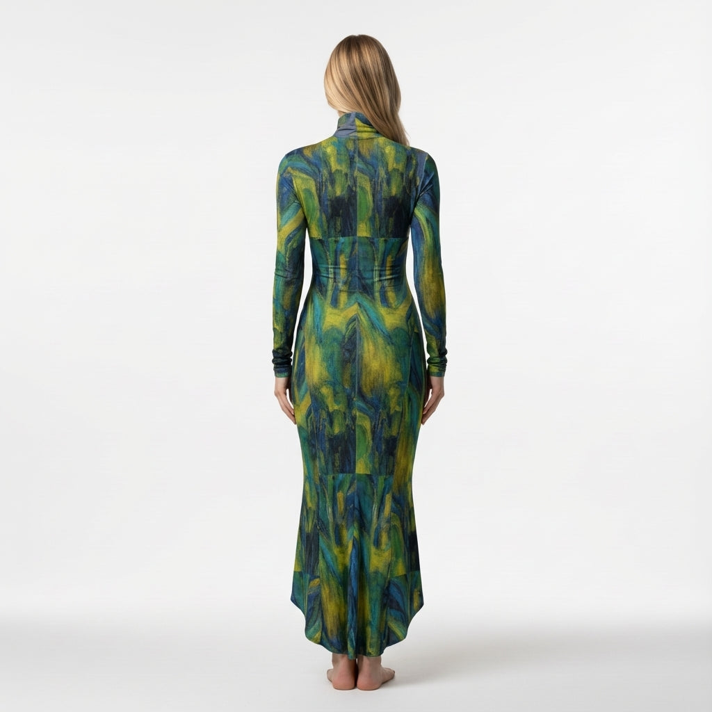 Sarong Maxi Turtleneck Body Con Dress Blue Jungle 