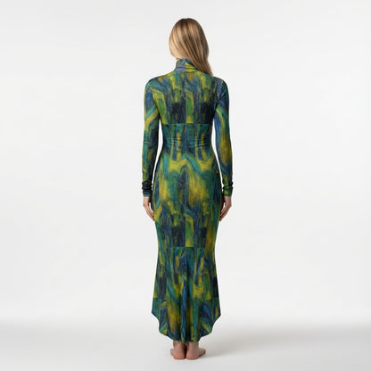 Sarong Maxi Turtleneck Body Con Dress Blue Jungle 