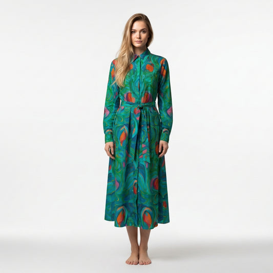 Button Front Shirt Dress Floral Swamp in Lightweight Cotton Poplin