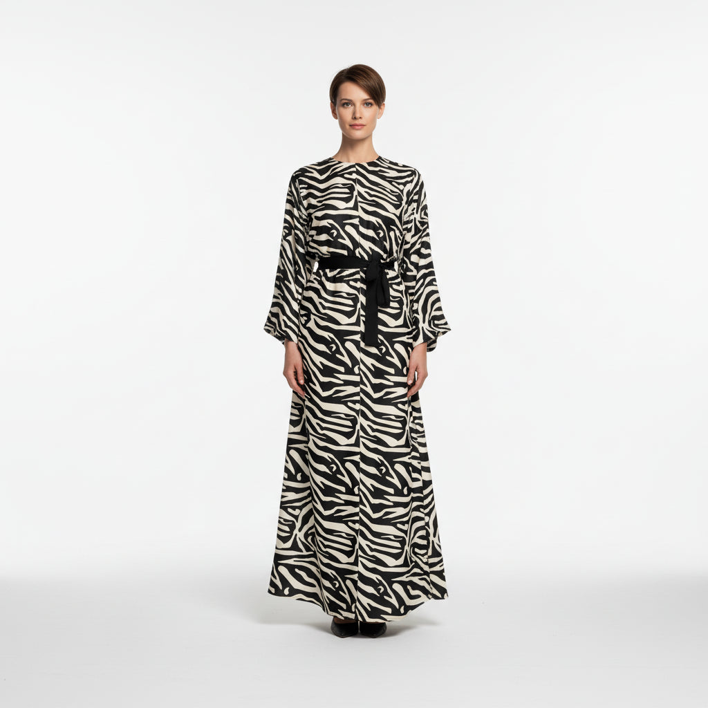 Kimono Sleeve Abaya in Ecovero Viscose Crepe – Black & Ivory Zebra Print