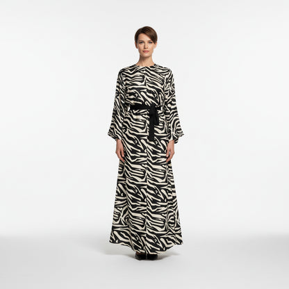 Kimono Sleeve Abaya in Ecovero Viscose Crepe – Black & Ivory Zebra Print