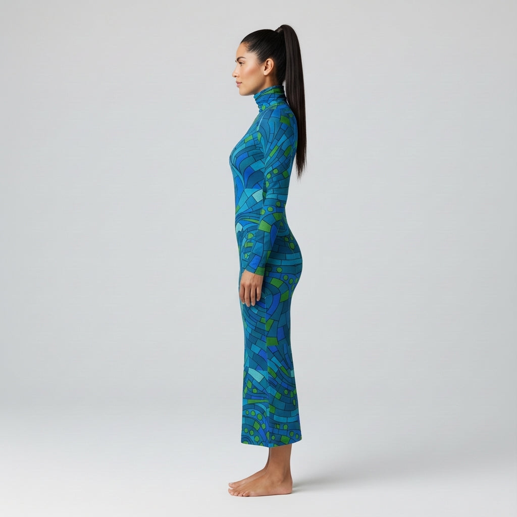 Sarong Maxi Turtleneck Body Con Dress Mosaic 11