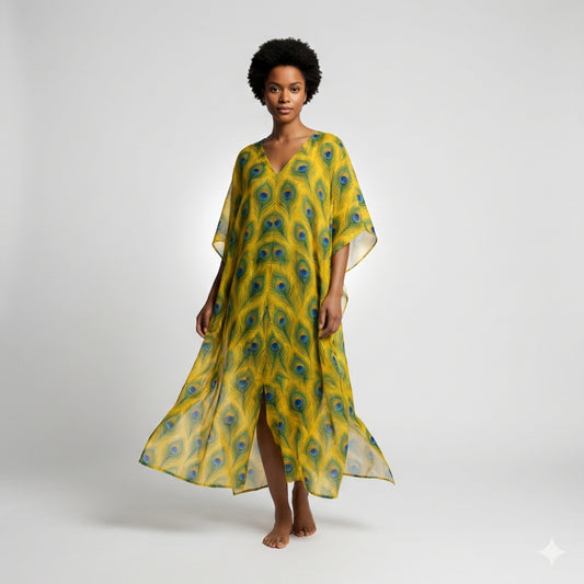 Caftan Yellow Flowers in Organic Cotton Voile