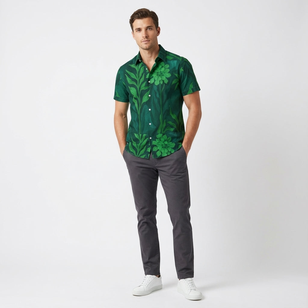 Men's Dress Shirt Green Flowers - Short Sleeve
