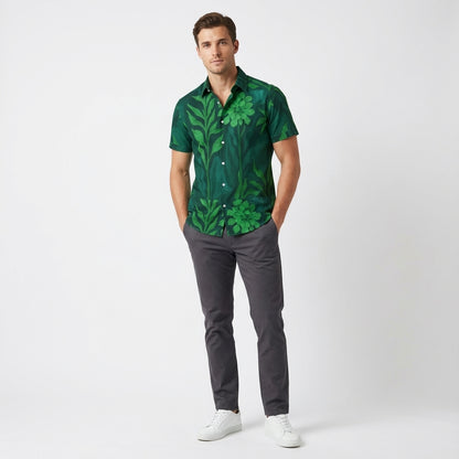 Men's Dress Shirt Green Flowers - Short Sleeve
