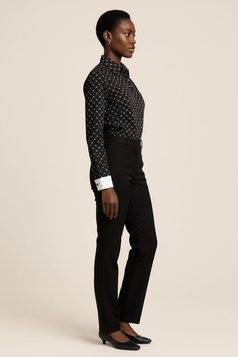 Crown and Lines Silver on Black Button Front Shirt