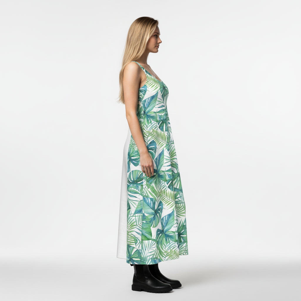 V-Neck A-Line Palm Dress in White Organic Cotton Twill