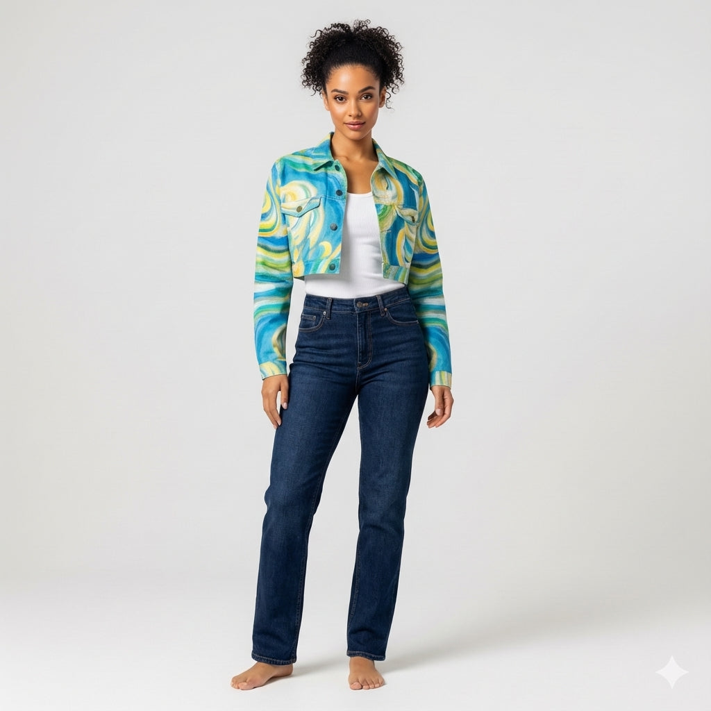 Cropped Jean Jacket Sea Swirls