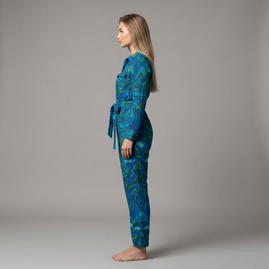 Lightweight Button Front Jumpsuit Mosaic 10