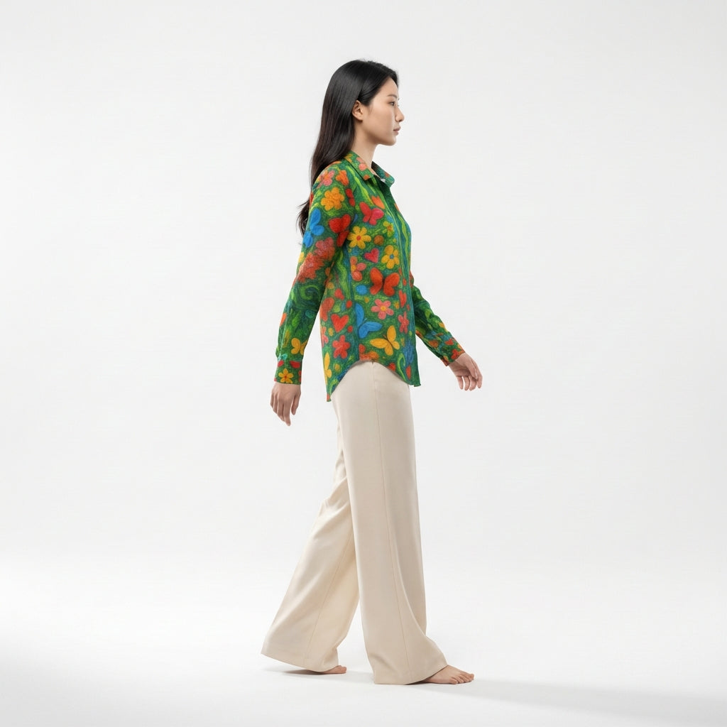 Button Front Shirt Butterfly Flowers