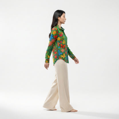 Button Front Shirt Butterfly Flowers