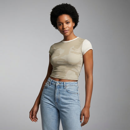 Camo Cropped Sleeve T-Shirt Half 'n Half