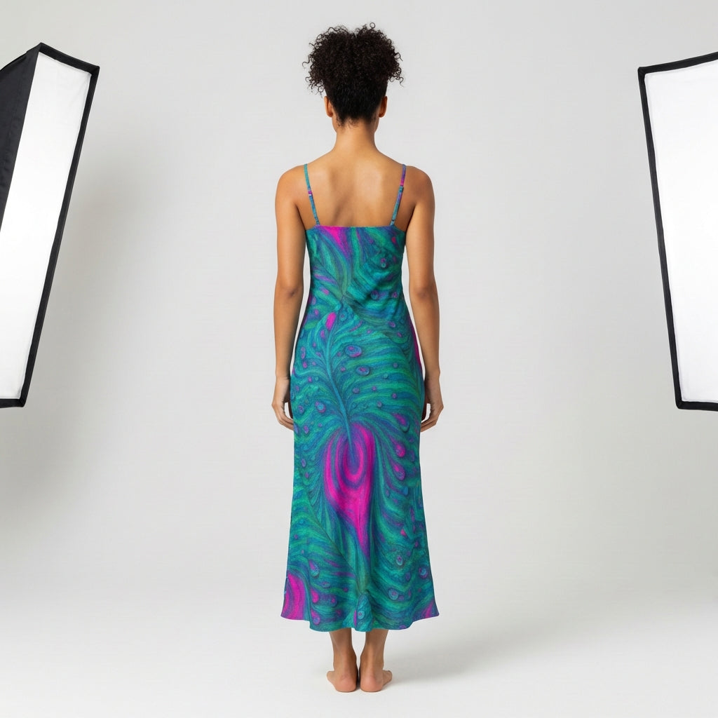 Bias Slip Dress Teal Peacock Feather
