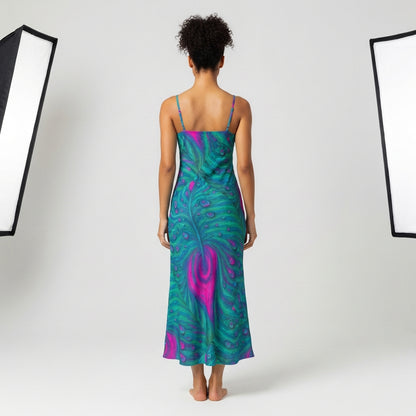 Bias Slip Dress Teal Peacock Feather