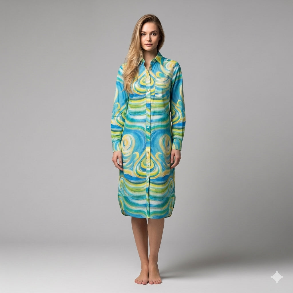  Long Sleeve Shirt Dress Sea Swirls
