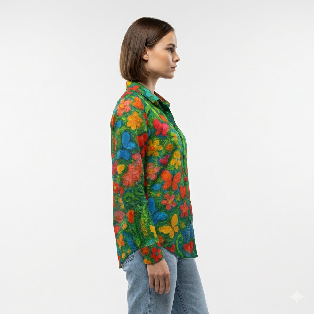 Button Front Shirt Butterfly Flowers