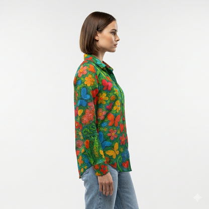 Button Front Shirt Butterfly Flowers