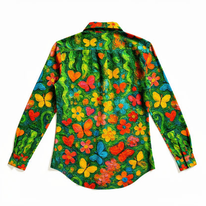 Button Front Shirt Butterfly Flowers