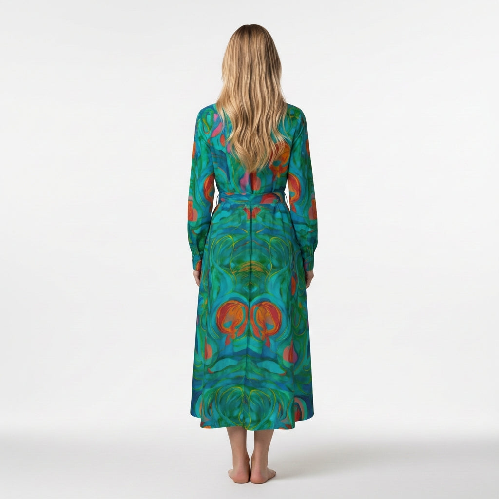 Button Front Shirt Dress Floral Swamp in Lightweight Cotton Poplin