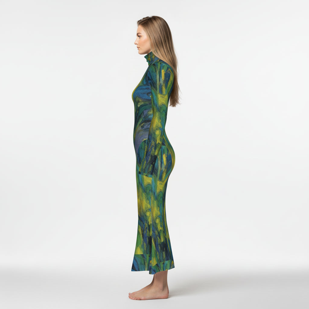 Sarong Maxi Turtleneck Body Con Dress Blue Jungle 