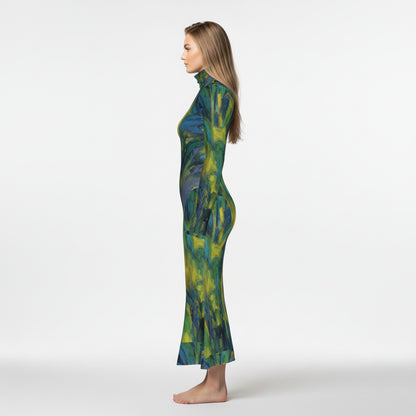 Sarong Maxi Turtleneck Body Con Dress Blue Jungle 
