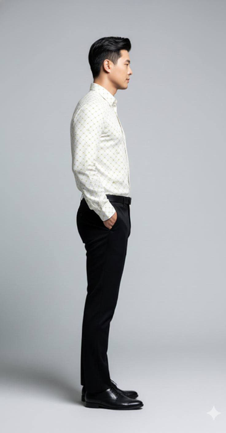 Crown and Lines Gold on White Structured Linen Dress Shirt with Franklin Spread Collar