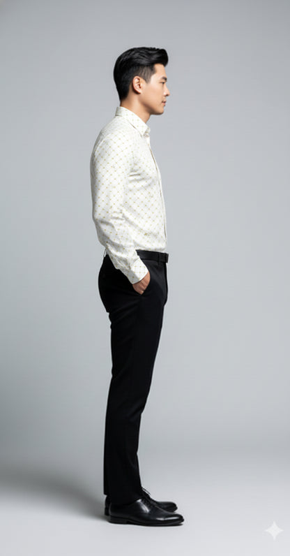 Crown and Lines Gold on White Structured Linen Dress Shirt with Franklin Spread Collar