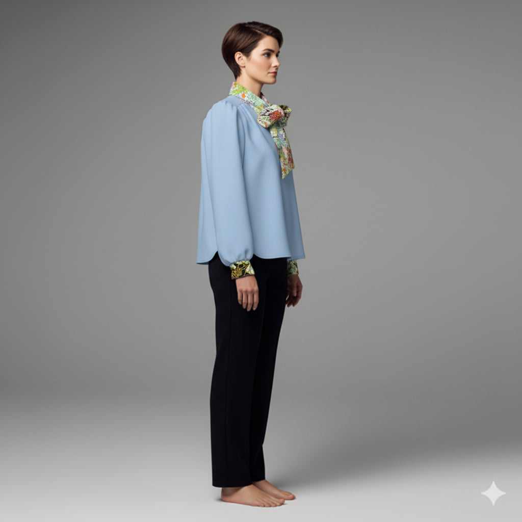 Women's Bow Blouse (light blue/floral)